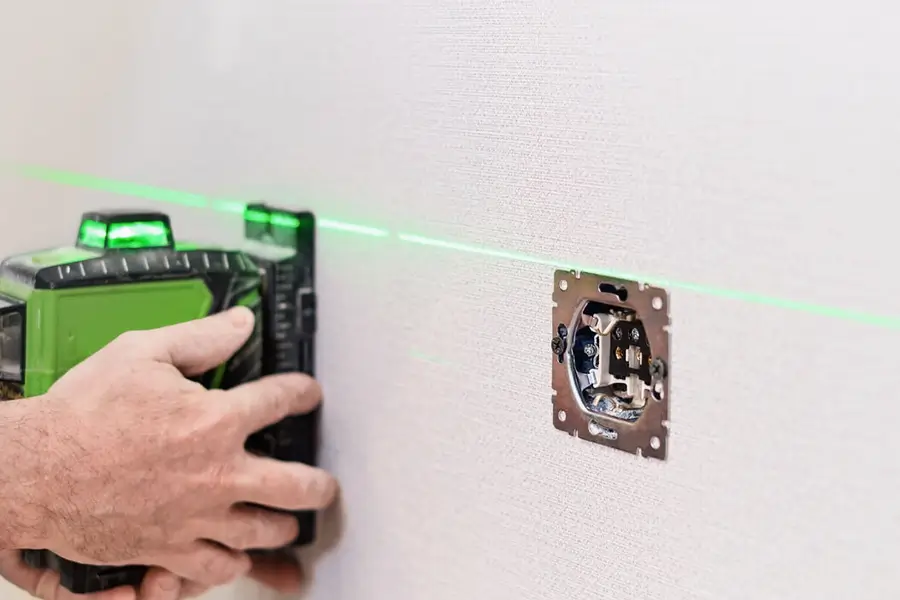 Fachkraft richtet eine Elektroinstallation mit einem Lasermessgerät aus