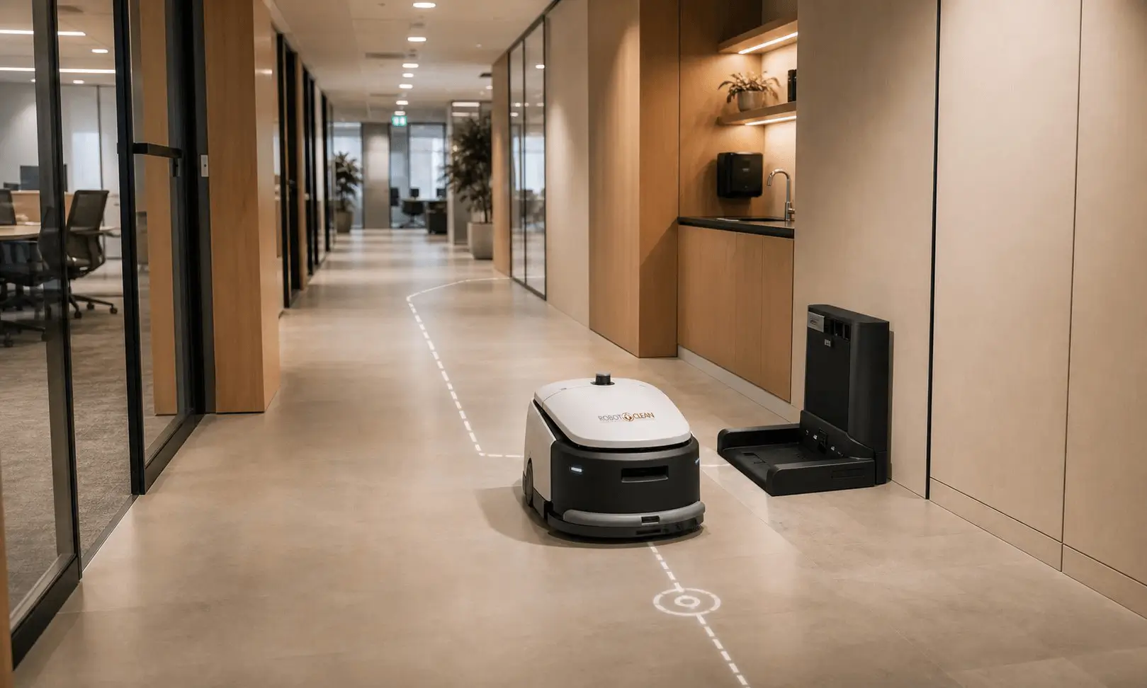 Konzeptdarstellung eines Reinigungsroboters mit Dockingstation in einem modernen Objekt; kein konkretes Produktmodell