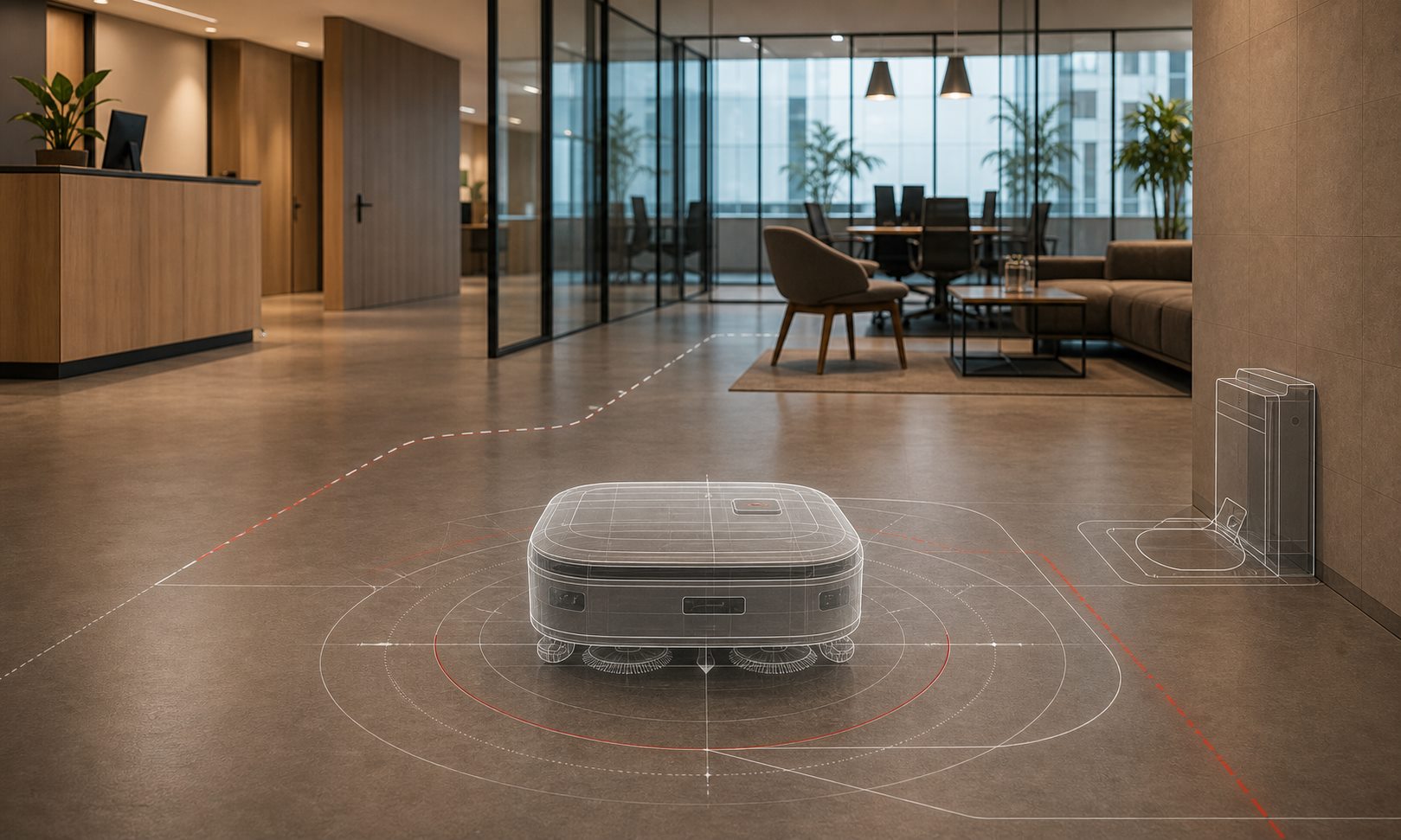 Konzeptionelle CAD-Darstellung eines Reinigungsroboters in einer realen Objektumgebung